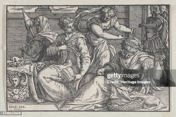 Lucretia instructing her daughters in needlework, 1557. From Giovanni Ostaus's, La vera perfettione del disegno di varie sorte di recami , a book on...