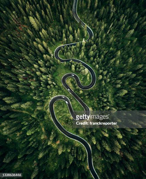 winding road in the dolomites - aerial forest stockfoto's en -beelden
