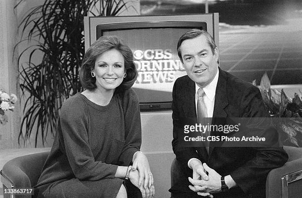 Phyllis George and Bill Kurtis on the set of The CBS Morning News. Image dated January 18, 1985.