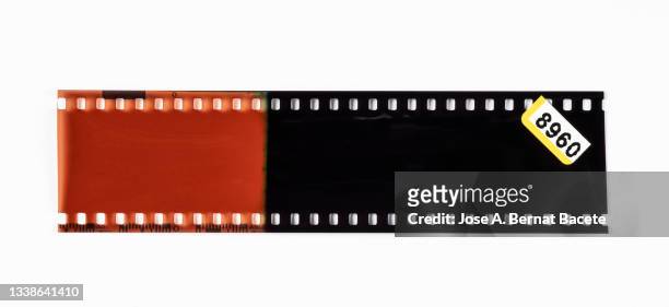 color negative 35mm film stripes on a white background. - filmstreifen stock-fotos und bilder