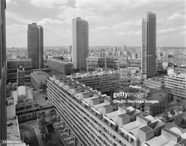 View of the Barbican development from a London Wall office block to the south-east of the site, showing the site's three tower blocks and their...
