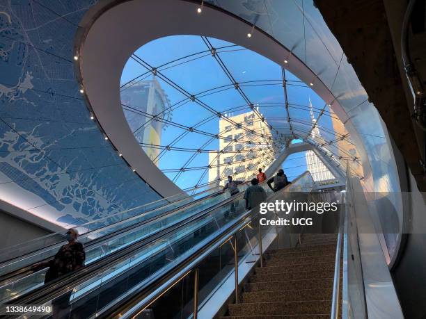 Newly renovated entrance and escalators to Penn Station, Manhattan, New York .