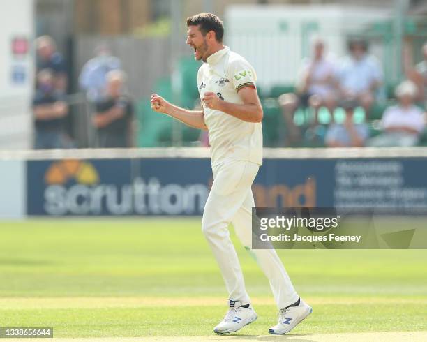 David Payne of Gloucestershire celebrates after bowling out Paul Walter of Essex during day two of the LV= Insurance County Championship match...