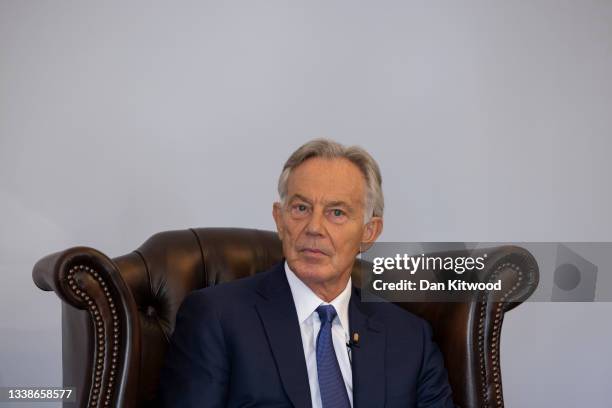 Former British Prime Minister Tony Blair speaks at the Royal United Services Institute , a defence think tank, on September 6, 2021 in London,...