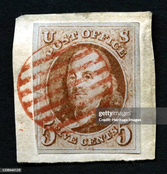 5c Franklin single, July 1, 1847. Used; with red seven-bar grid cancel; on piece; fourth delivery. Artist Rawdon, Wright, Hatch & Edson.