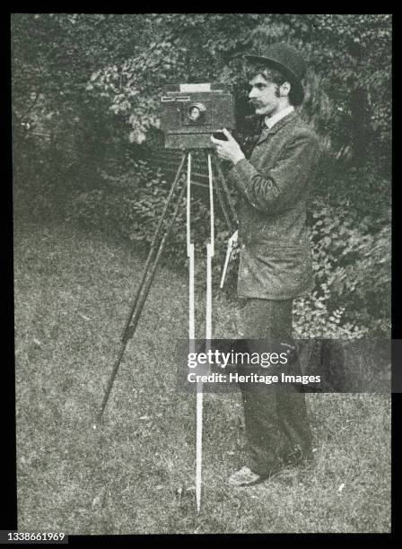 Self-Portrait with camera, tripod and pistol, 1886. A work made of lantern slide. Artist Alfred Stieglitz.