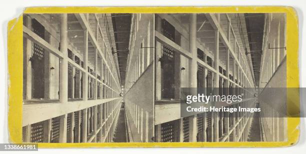 Interior View of the Main Hall of Prison, East Side, which is 6 Stories High, and Contains 600 Cells, 1860/69. Albumen print, stereocard, no. 4318...