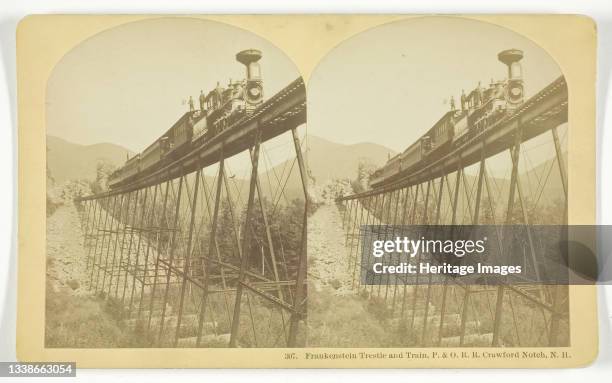 Frankenstein Trestle and Train, P. & O. R.R. Crawford Notch, N.H., late 19th century. [Steam locomotive on wooden trestle bridge, Portland &...