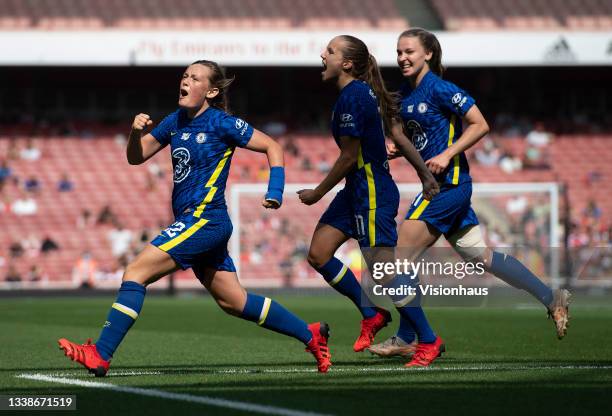 Erin Cuthbert of Chelsea celebrates her goal Guro Reiten and "nNiamh Charles during the Barclays FA Women's Super League match between Arsenal Women...