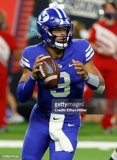 Quarterback Jaren Hall of the Brigham Young Cougars throws against the Arizona Wildcats during the Good Sam Vegas Kickoff Classic at Allegiant...