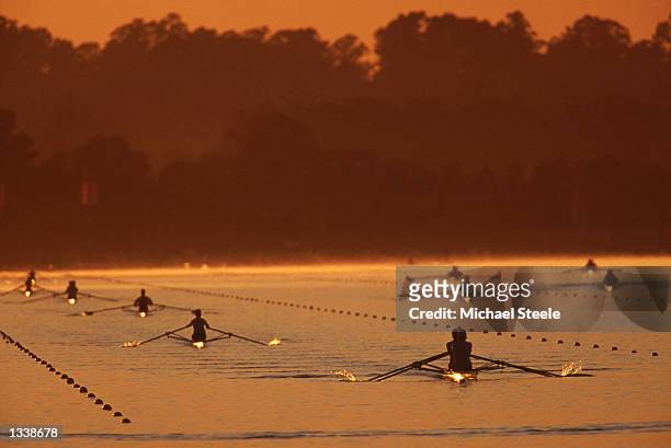 General view of competitors before the rowing events during the Sydney Olympics at the Sydney International Regatta Centre in Sydney, Australia on...