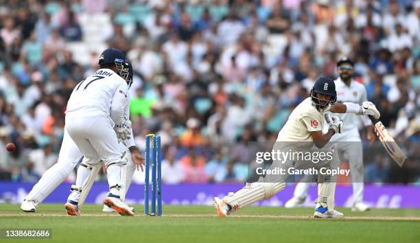 Haseeb Hameed of England is bowled by Ravindra Jadeja of India during day five of the Fourth LV= Insurance Test Match between England and India at...