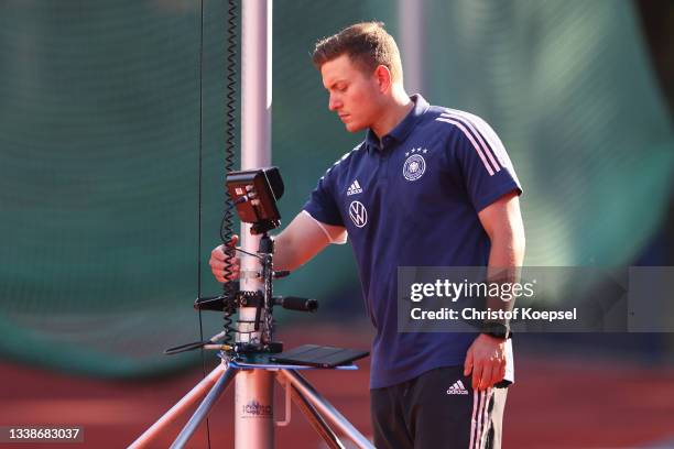 Video analyst Marcus Fritz installs a camera during the KOMM MIT U17 Four Nations Tournament match between Germany U17 and Italy U17 at Wedau Stadium...