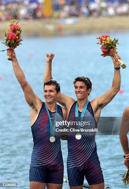 Ted Murphy and Sebastian Bea of the USA win the Silver Medal in the Men's Without Coxwain Pair Finals Event for the 2000 Sydney Olympics at the...