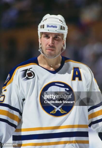 Dave Andreychuk of Canada and Left Wing for the Buffalo Sabres looks on during the NHL Prince of Wales Conference Adams Division game against the New...