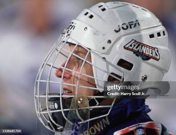 Tommy Soderstrom from Sweden and Goaltender for the New York Islanders looks on from behind his protective helmet grille during the NHL Eastern...