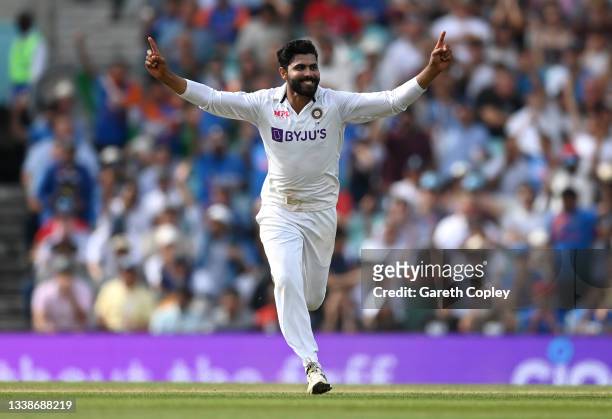 Ravindra Jadeja of India celebrates dismissing Moeen Ali of England during day five of the Fourth LV= Insurance Test Match between England and India...