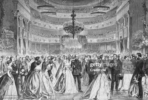 "subscription ball" at the royal opera berlin, the highlight of the festival season, entrance of kaiser wilhelm i - 1868 stock illustrations