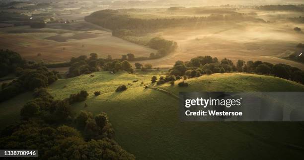 early morning sun strikes the hill top - grass hill stock pictures, royalty-free photos & images