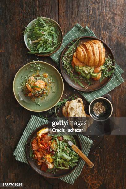 healthy meals for breakfast - salad bowl overhead stock pictures, royalty-free photos & images