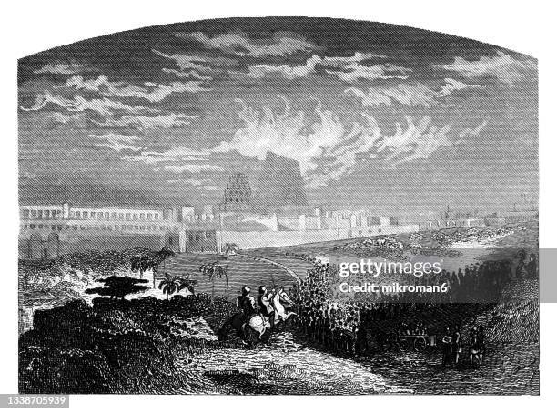 old engraved illustration of jerusalem's captivity - babylonia stock-fotos und bilder