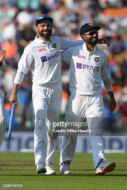 Virat Kohli and KL Rahul of India celebrate victory at the end the Fourth LV= Insurance Test Match: Day Five between England and India at The Kia...