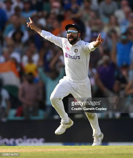 India captain Virat Kohli celebrates after winning the Fourth LV= Insurance Test Match between England and India at The Kia Oval on September 06,...