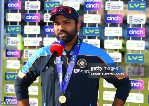 Man of the match Rohit Sharma of India during the post match presentations after winning the Fourth LV= Insurance Test Match between England and...