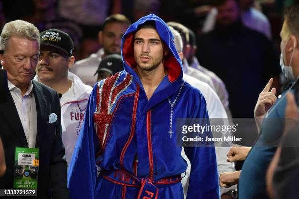 Tommy Fury prior to his fight with Anthony Taylor in their Cruiserweight bout during a Showtime pay-per-view event at Rocket Morgage Fieldhouse on...