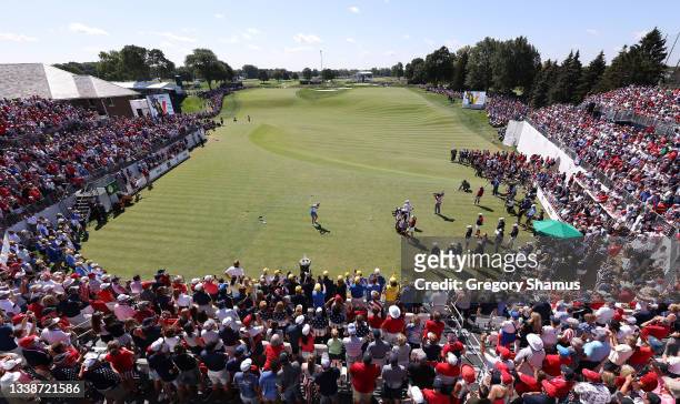 Anna Nordqvist of Team Europe plays her shot from the first tee during the Singles Match on day three of the Solheim Cup at the Inverness Club on...