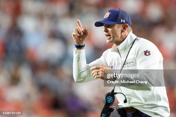 Head coach Bryan Harsin of the Auburn Tigers during their game against the Akron Zips at Jordan-Hare Stadium on September 04, 2021 in Auburn, Alabama.