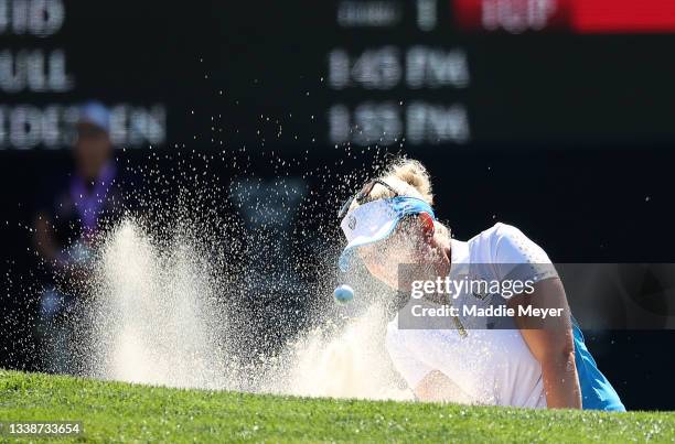 Nanna Koerstz Madsen of Team Europe plays a shot from a bunker on the fifth hole during the Singles Match on day three of the Solheim Cup at the...