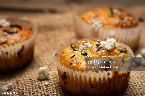 homemade rustic muffins with cheese pepper and vegetables - butter tart stock pictures, royalty-free photos & images