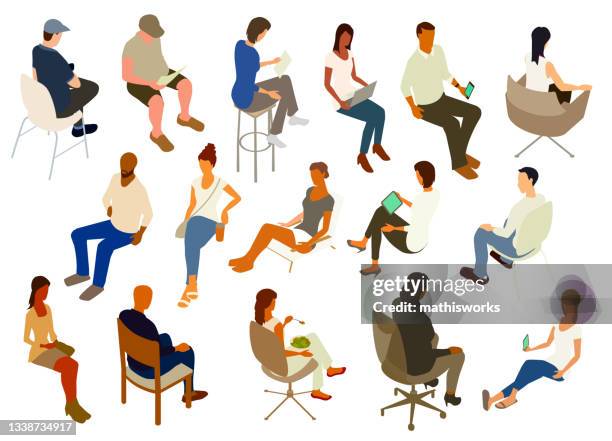 stockillustraties, clipart, cartoons en iconen met seated people stickersheet - kruk zitmeubels