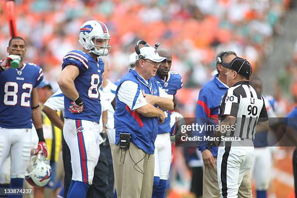 Head Coach Chan Gailey of the Buffulo Bills watches his team against the Miami Dolphins at Sun Life Stadium on November 20, 2011 in Miami Gardens,...