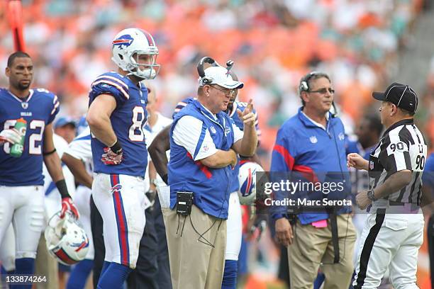 Head Coach Chan Gailey of the Buffulo Bills watches his team against the Miami Dolphins at Sun Life Stadium on November 20, 2011 in Miami Gardens,...