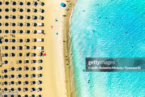 parasols on sand beach by crystal sea, crete, greece - beach umbrella sand stock-fotos und bilder
