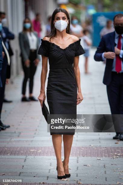 Queen Letizia of Spain arrives at the Giner de Los Rios Foundation to attend the first edition of the 'Retina Eco' awards on September 06, 2021 in...