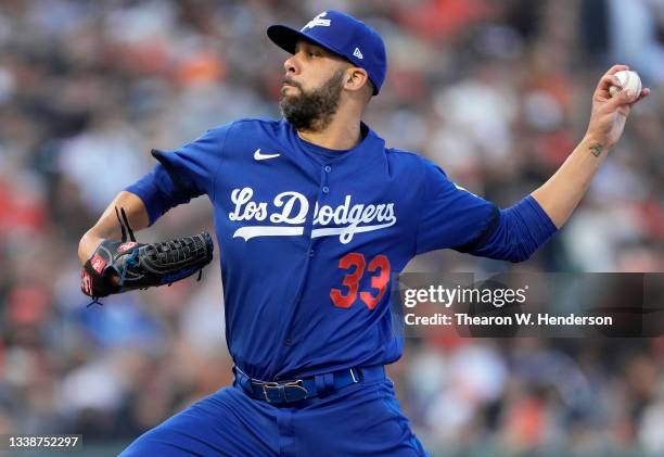 David Price of the Los Angeles Dodgers pitches against the San Francisco Giants in the bottom of the six inning at Oracle Park on September 05, 2021...