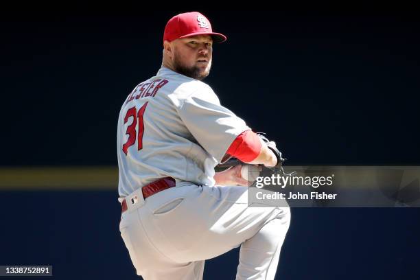 Jon Lester of the St. Louis Cardinals throws a pitch against the Milwaukee Brewers at American Family Field on September 05, 2021 in Milwaukee,...