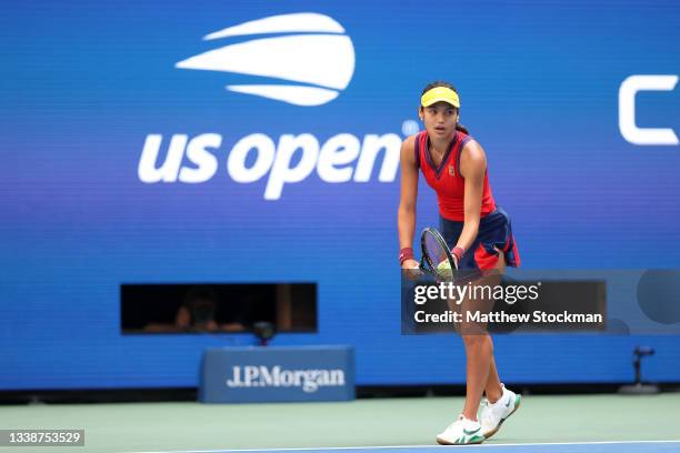 Emma Raducanu of the United Kingdom serves against Shelby Rogers of the United States during her Women’s Singles round of 16 match on Day Eight of...