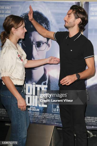 Actors Lou de Laage and Pierre Niney attend the "Boite Noire" premiere at UGC Cine Cite Des Halles on September 06, 2021 in Paris, France.