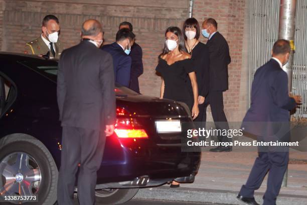 Queen Letizia leaves with the Minister of Science and Innovation, Diana Morant, after the presentation of the "Retina ECO Awards", on September 6 in...