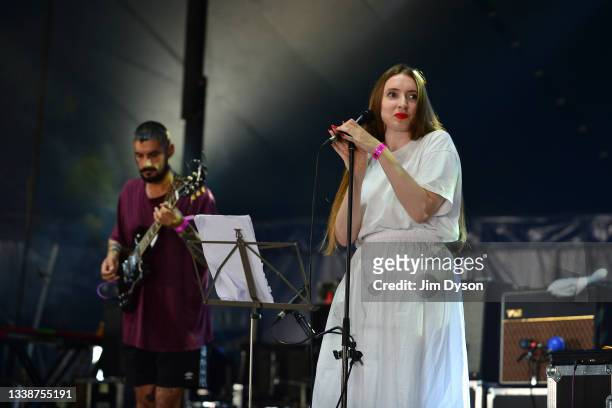 Florence Shaw and Tom Dowse of Dry Cleaning perform live during Wide Awake Festival at Brockwell Park on September 03, 2021 in London, England.