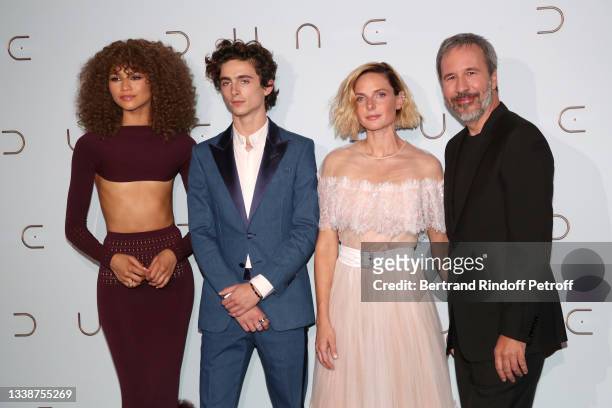 Actors Zendaya, Timothée Chalamet, Rebecca Ferguson and director Denis Villeneuve attend the "Dune" photocall At Le Grand Rex on September 06, 2021...