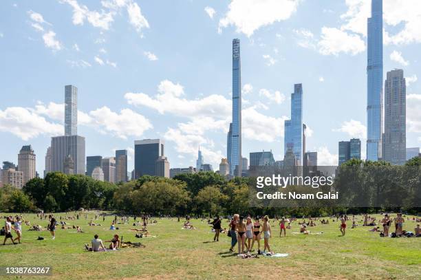 People fill Sheep Meadow in Central Park over Labor Day Weekend on September 06, 2021 in New York City.
