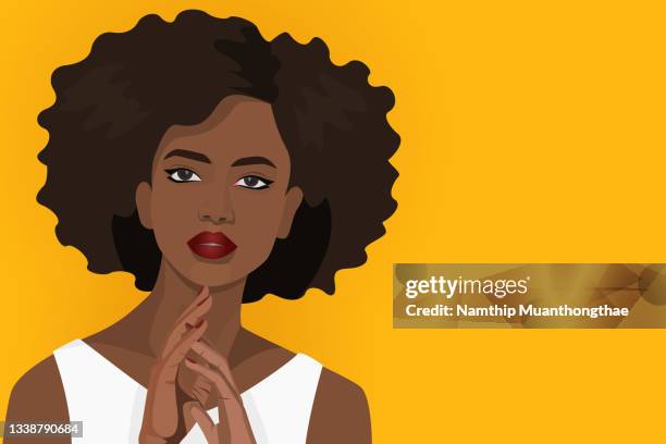 beauty with darker skin illustration concept shows a beautiful model woman portrait that has dark skin tone wearing makeup on the bright yellow background. - woman cartoon stock pictures, royalty-free photos & images