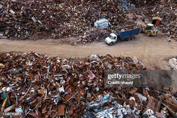 aerial view of scrapyard - junkyard stock pictures, royalty-free photos & images