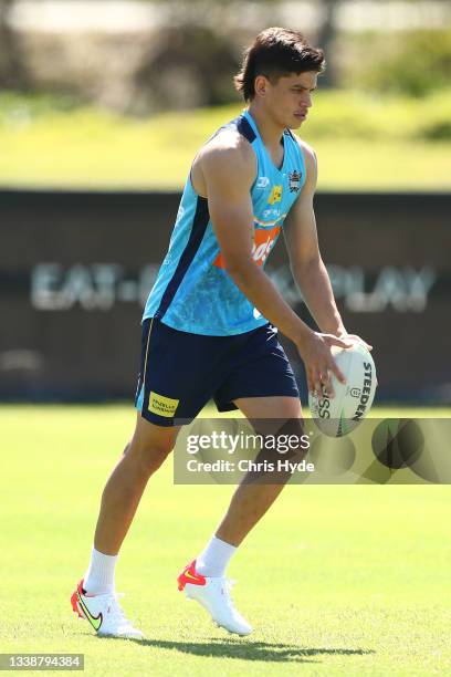 Jayden Campbell during a Gold Coast Titans NRL training session at IKON High Performance Centre on September 07, 2021 in Gold Coast, Australia.