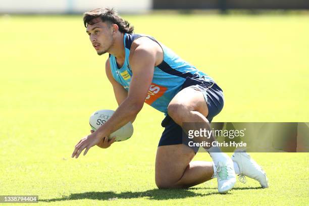 Tino Fa'asuamaleaui poses during a Gold Coast Titans NRL training session at IKON High Performance Centre on September 07, 2021 in Gold Coast,...
